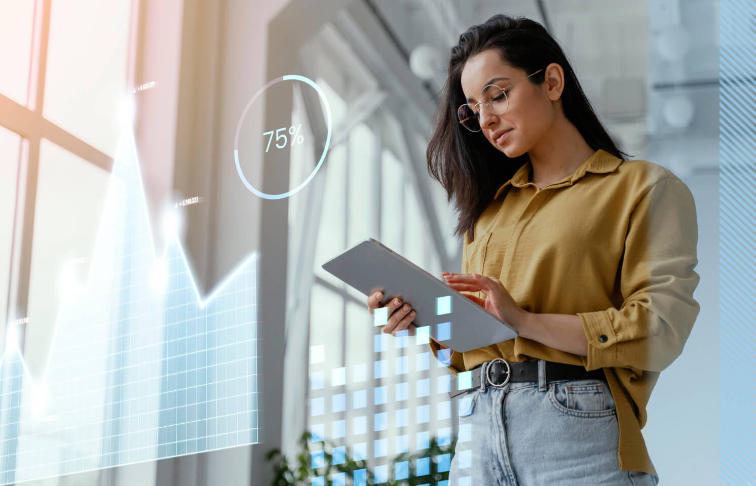 Reviewing investment growth on a tablet