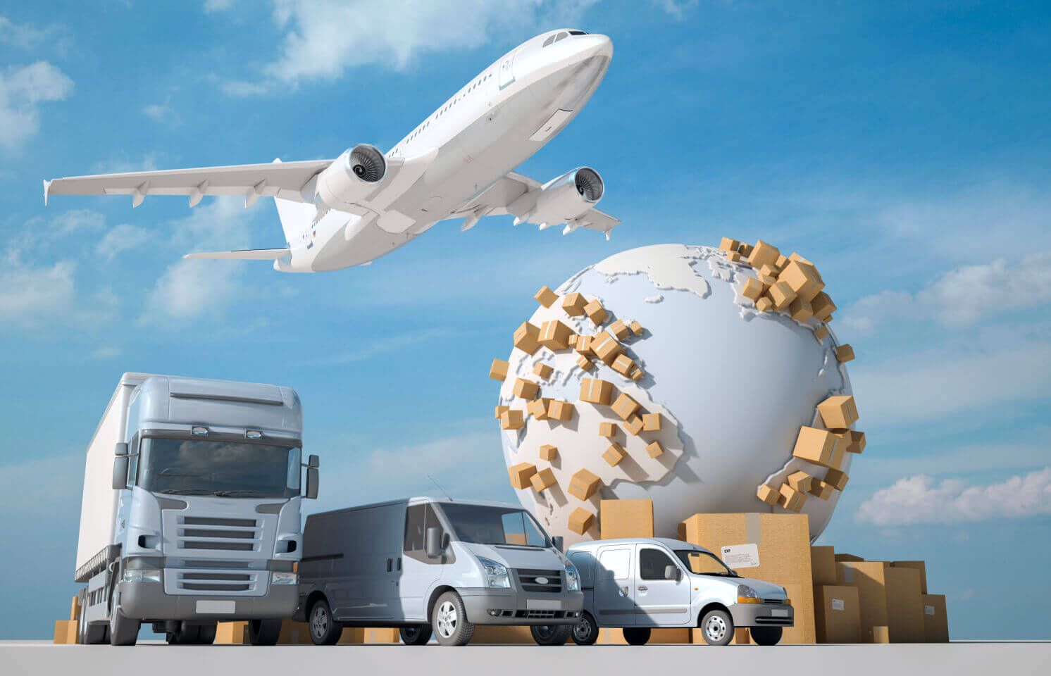 Truck, vans and aircraft moving parcels