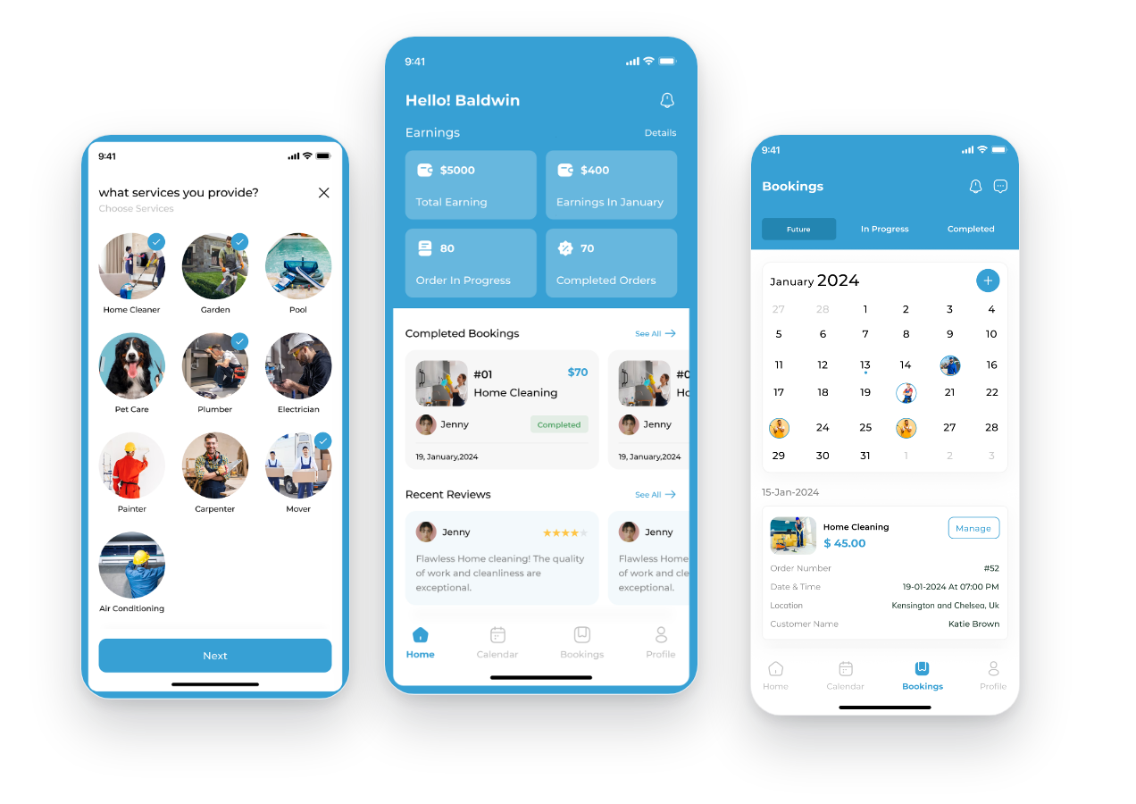 Artizan services, provider dashboard and bookings calendar screens