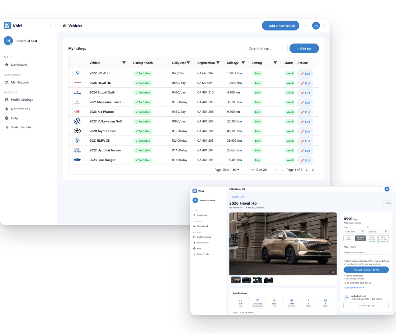Vhiri host listings and a renter's booking screen